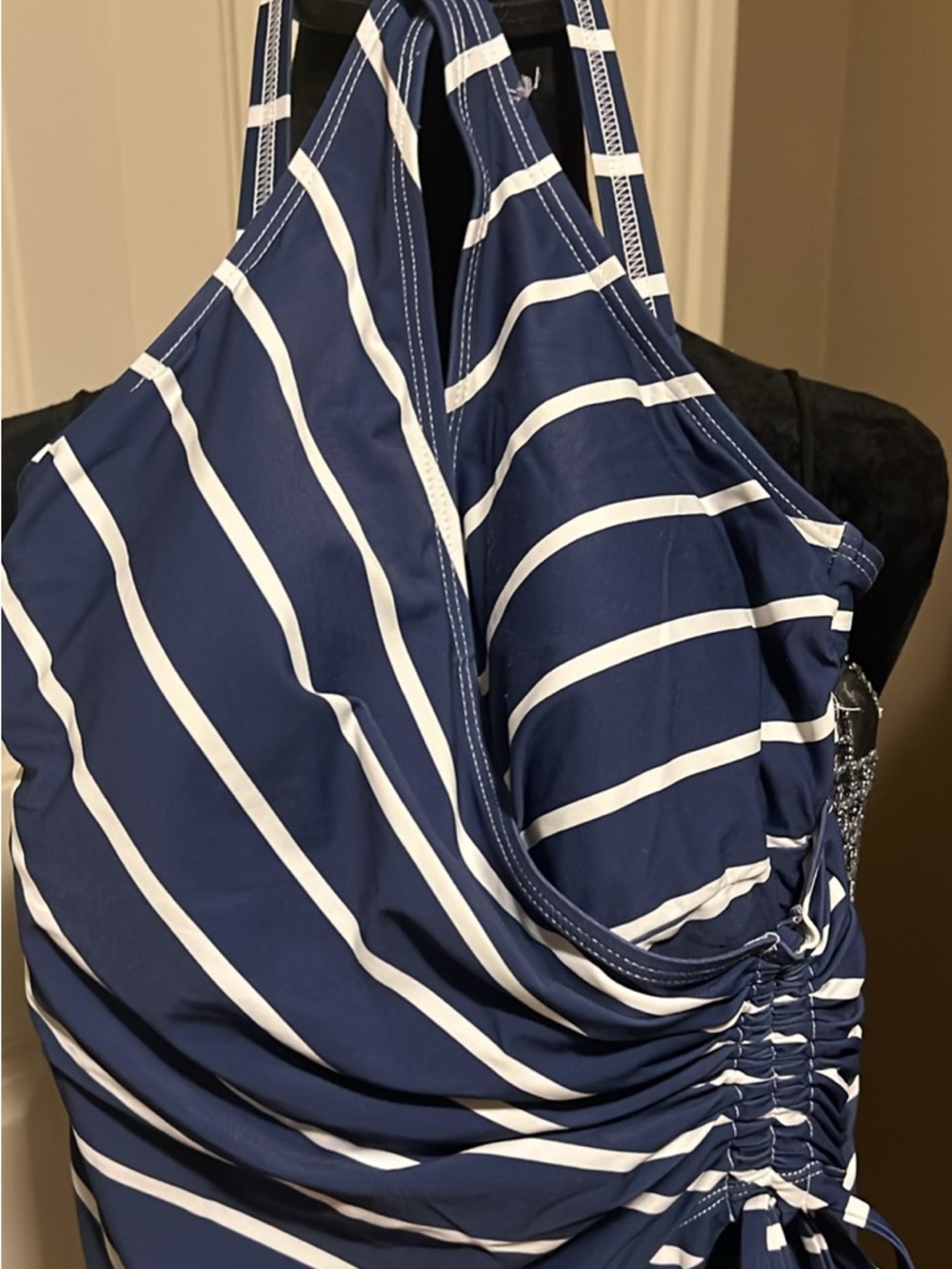 Navy & White Striped One-Piece Swimsuit -flattering ruched side
